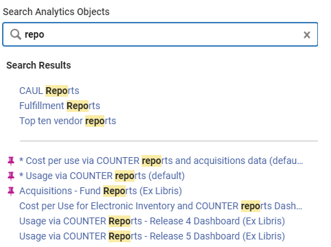 Search analytics objects window.